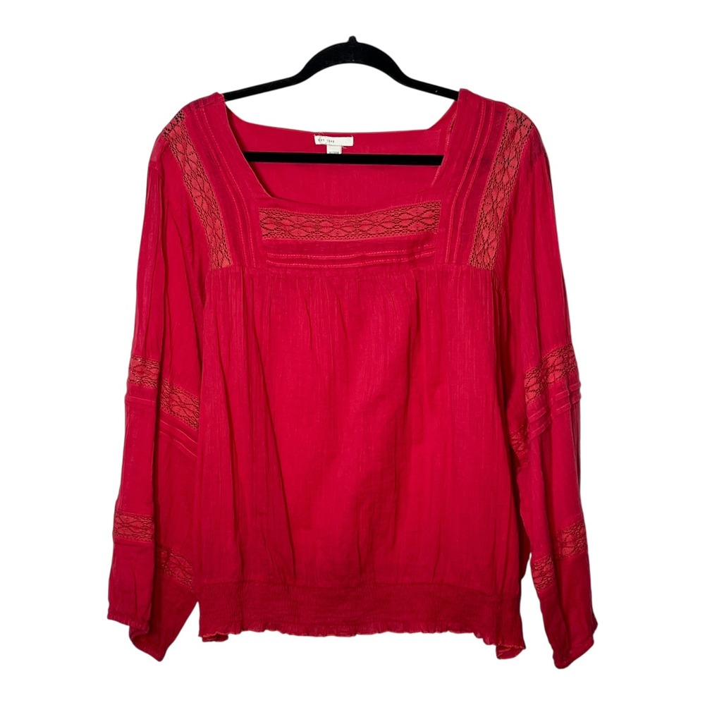 Cato Est 1946 Red Cotton Lace Crochet Smocked Hem Blouse Top 26/28W Plus - Picture 8 of 8